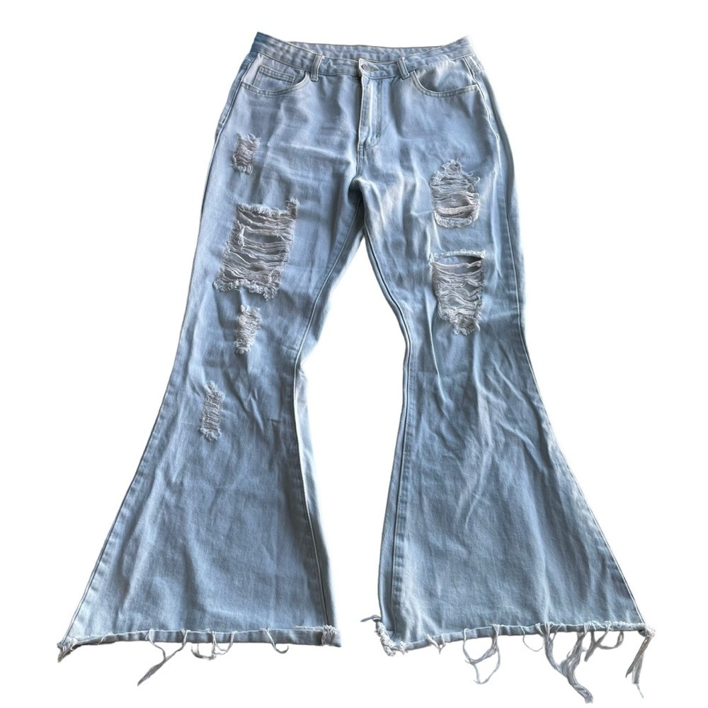 SHEIN Distressed Flared Leg Jeans Light Blue Size Large Raw frayed hem Grunge